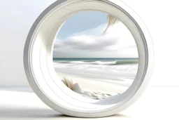 white,background,looking,through,a 3-d, hole,or,window,,a,seeing,paraddise,beach ,skulpture,like