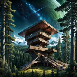on top of a mountain stands a squat simple building made of thick wooden beams, from the middle of which a large telescope looks towards the sky, above it a wooden roof, the building is surrounded by tall pine trees, strange gigantic dark green trees, as tall as the building so they hide it from prying eyes, dark blue sky, realistic, detailed, cinematic, dark fantasy