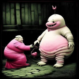 Dramatic vintage photograph, databending, off-white mottled crepey skinned obese Lovecraftian hybrid made from a marshmallow-like substance with a nervous look on face shaking hands with an anthropomorphic thin hamster wearing a pink dress with black-white stripe leggings and red boots, thought provoking, dark humor, sinister whimsey, dynamic composition, sfumato, complex contrast, shock value image, oddball masterpiece