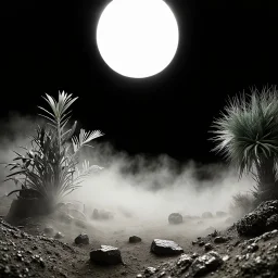 A striking quality photograph captures a wasteland with plants, creepy, details of the dust and the fog very accentuated, glossy organic mass, adorned with minerals and rocks. Bathed in intense light, eerie, Max Ernst and Yves Tanguy style, black sun, fog, volumetric light, octane render