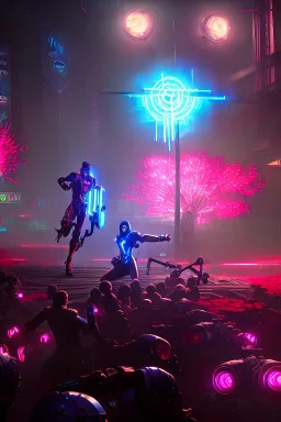 cyborgs fighting in roman coloseum,realistic, steinzeit, perfect, sharp, many showers, red blossoms, laserweapongs,8k quality, cyberpunk art, neon lights, rustical, old technology, pink shining