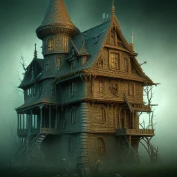 spooky crooked old house that looks like an ultra detailed ornat clock, dark fantasy