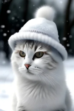 eine weiße Fotorealisrische katze im schnee mit hut