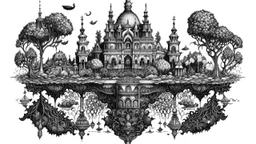 pen and ink drawing, relaxation, luxury, dream world, calm beauty, symmetry, fantasy world, magic, beautiful composition, exquisite detail