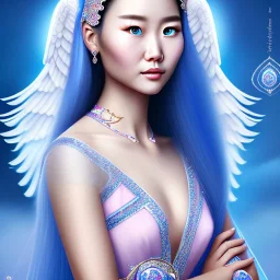 portrait of a beautiful mongolian woman with an angel face smiling,long blond hair, blue eyes, pink and blue dress, jewels, soft light aura