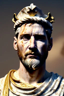 Realistic image, Roman sculpture made in white marble with gold veins, Lionel messi with gold laurel leaves crown, decorative star on the chest, waist up portrait, marble material, gold ornaments, Baroque style, sun rays background, epic, celestial, cinematic lighting, God lights, 4k resolution, smooth details, soft lighting, unreal engine 5, art station, substance 3d.