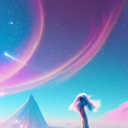 Full body with legs and feet white woman with legs, long blond hair, blue eyes, pink and blue dress in a galactic ambiance, delicate colors in the foreground, full of details, smooth, light effect，vaporwave colorful, smooth, extremely sharp detail, finely tuned detail, ultra high definition, 8 k, unreal engine 5, ultra sharp focus