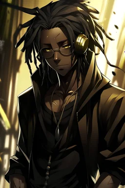 Anime black male, age 20, short thick dreadlocks reaching neck length, dark brown natural hair color, black zip up jacket, golden eyes, lean slim muscular body, nier automata anime artstyle, blindfold over eyes