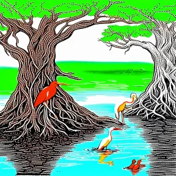 Watched a show about the Everglades, and found this fascinating. Birds exist on the top of tree, and fish in the roots. Bing prompt: a beautiful mangrove tree , with the root system under water in the Everglades, with fish and creatures living in the twisted roots, the image shows the bottom in water and the top has a red duckbill bird and a white heron living in the top of tree.