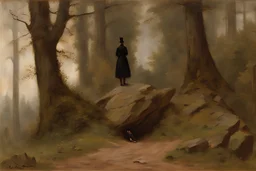 Cloudy day, rocks, forest, gothic horror influence, disturbing, people, mistery, friedrich eckenfelder and alfred stevens impressionism paintings