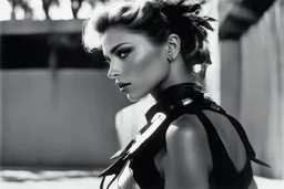 [photo by helmut newton in agent provocateur on the arena] Her complexion, after years spent training under the sun, bore the mark of a warrior who had weathered countless battles. Though her face spoke of hardship, there was also an air of grace and serenity that emanated from her every pore. Selene's physique was a testament to her dedication and discipline. Her muscular frame hinted at her physical prowess, yet her movements were fluid, as if she danced with the wind itself.