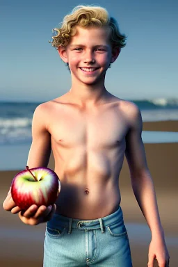 full body image of a beautiful 12 year old boy with long, blonde curly hair and light blue eyes, smiling, shirtless, holding a red apple in his right hand, in front of an distant beach