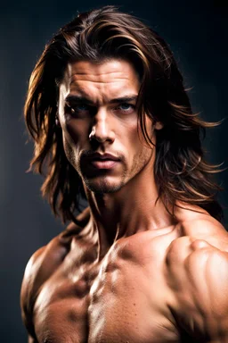 handsome muscular male warrior age 25 with shoulder length hair and a goatee