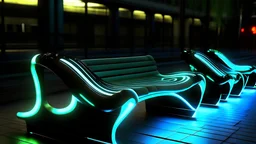 Benches with a futuristic and bionic design and inspired by butterflies with different neon colors on the sidewalks that have a special headphone that a person can sit on the bench and use the headphones and listen to music.and design the headphone and people using it