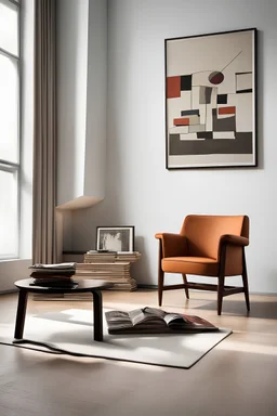 Describe a room in the Bauhaus style featuring a lone armchair, a chair, and an assortment of magazines and paintings. Emphasize the key elements of Bauhaus design, highlighting simplicity, functionality, and the seamless integration of art and furniture.realistic photo