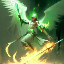 angel caido de piel verde palido empuñando una lanza en llamas