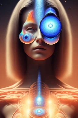 portrait full human body, meditation, third eye, universe, fourth dimension, fractal, realistic, 8k, high quality, extreme detail, symmetrical,