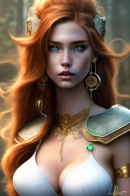 hyper realist, hyper detailed, stunningly beautiful teen woman, long ginger hair, emerald eyes, medium freckles, skimpy fantasy intricate leather armour, full body and head, c-cup breasts, serious expression, centred camera, full frame, petite