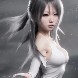 hitomi tanaka, dress white, long black hair, realistic, intriacte detail, sci-fi fantasy style, volumetric lighting, particales,highly detailed,cinamatic, deep colours,8k