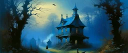 A blackish blue tricky witch's cottage painted by Ivan Aivazovsky