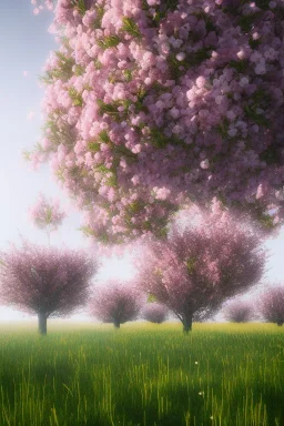 pommiers en fleurs, prairie, vray, rendu houdini