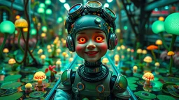 organic, bubbling swampland emerging from vibrant landscape teeming with spherical bioluminescence plants, fungi, and exotic plants. adorned with colorful accessories and a smiling playful expression, a fantastical photograph by Herb Ritts, reveals a mesmerizing splashes joyful smiling kid human-robotic hybrid, with his expressive eyes and an amorphous head, conveyor conformity:style essence: industrial monotony broken by pastel defiance.a factory conveyor belt, framed symmetrically, moves ident