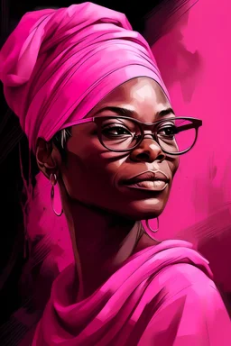 Produce an artistic image showcasing an African modern woman wearing pink some glasses , oil paint style
