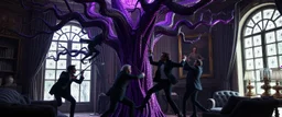Some well dressed goths climbing and fighting each other with sticks to contain energy from floating chtonian dark purplish glowing snakelike tree grabbing them in dramatic scene in luxury parlour in the style of Giger and Escher