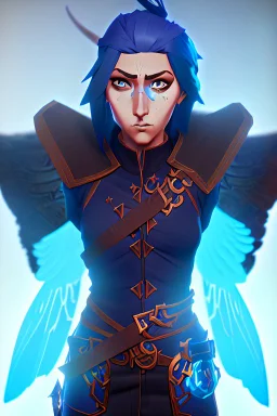 a person in runic armor with blue wings, blue short hair, runic tattoo and spell book