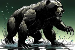 Bear, black liquid, full body, attacking, profile ,comic book, gray background,