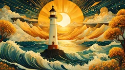 very beautiful insanely detailed image of glowing seascape lighthouse in golden spring". beautiful golden mountains, bright dark yellow ornate sun, by Victo_Ngai, Oleksandra Ekster, Malevich, Vladyslav Yerko and Alexander Jansson, Vladyslav Yerko! Very Complex perfect elegant composition! linen gesso acrylic paper, epic Dramatic lighting! Razor-sharp quality insanely detailed, deep colors realistic masterpiece