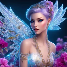 bright ice fairy, beautiful portrait, flowery landscape