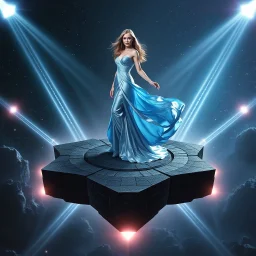 A breathtaking cosmic fantasy scene featuring a stunningly realistic beautiful woman with a perfect face and sculpted figure standing gracefully at the center of a floating geometric platform in deep space. She wears an elegant flowing gown in vibrant silver and blue hues that billow around her perfect form. The platform is constructed from dark cobblestone-like blocks arranged in a star shape. Surrounding her are magnificent CIFI towers like structures,satelights