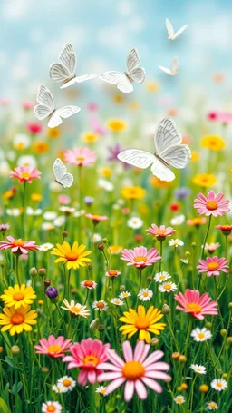 A picture field of flowers and white butterflies made of a plastic painting with colors that express joy 8k