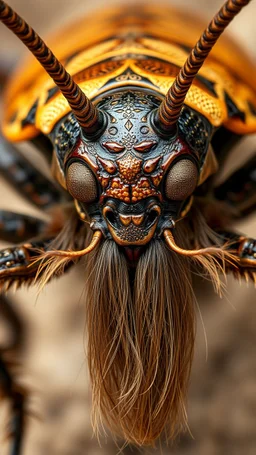 Cockroach front view with human look face and long hair and beard looks like an ancient Sumerian gods