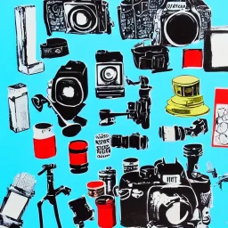 elements of photographic equipment. poster graphics. high detailed. acrylic painting and ink.