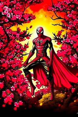 Spider-Man in black and red kimono background the Sakura tree