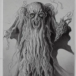 Cthulhu with white skin and a beard made of fleshy tentacles as a Russian Orthodox nosferatu with yellow eyes and vampire fangs and quills on the head