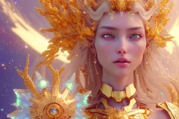 very beautiful cosmic crystal and gold goddess in a galactic ambiance, transparent petals, delicate colors, full of details, smooth, bright sunshine，soft light atmosphere, light effect，vaporwave colorful, concept art, smooth, extremely sharp detail, finely tuned detail, ultra high definition, 8 k, unreal engine 5, ultra sharp focus