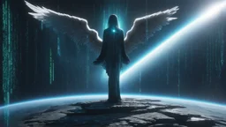 matrix codes and the back ground of the angels with wings siting on the monolith made of tiberium crystals of lights, matrix universe, space, planets