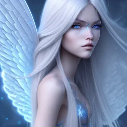  beautiful, soft, smiling face, blue atmosphere, long straight blond hair, big fairies wings in the back