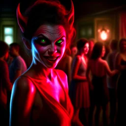 fasion female demon from the movie "insidious", wild goblin birthday party on stonebridge background , motion blur, 8k, downlight, soft light, depth of field, photorealism, trending on art station, lotsa detail