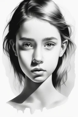 A realistic drawing in negative space black ink on white background of a beautiful front view of a young girl with clear white face, all picture is bright white