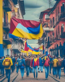 Marcha de ciudadanos por la calle con banderas de Colombia mirando a la camara arte digital imágen retro 4k