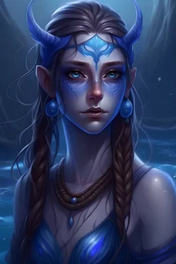 water nymph, blue skin, brown hair with braids, purple eyes, runes on the body, short, petite woman