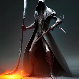 dark figure with scythe, full body, zoomed in