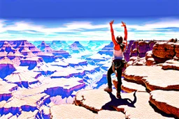 Beautiful view from the Grand Canyon, a person in a victory pose on a single rock outcrop. In the horizon, nice weather and the sun shining,