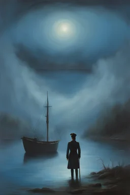 A painting of a ghostly captain standing in a lake surrounded by an Erie blue mist.