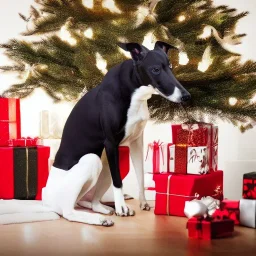 Black and white,greyhound,photorealistic, holding Christmas present in front of tree