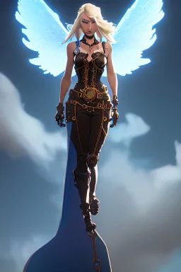 blue sky clouds, blonde steampunk angel in a flowing gown, majestic